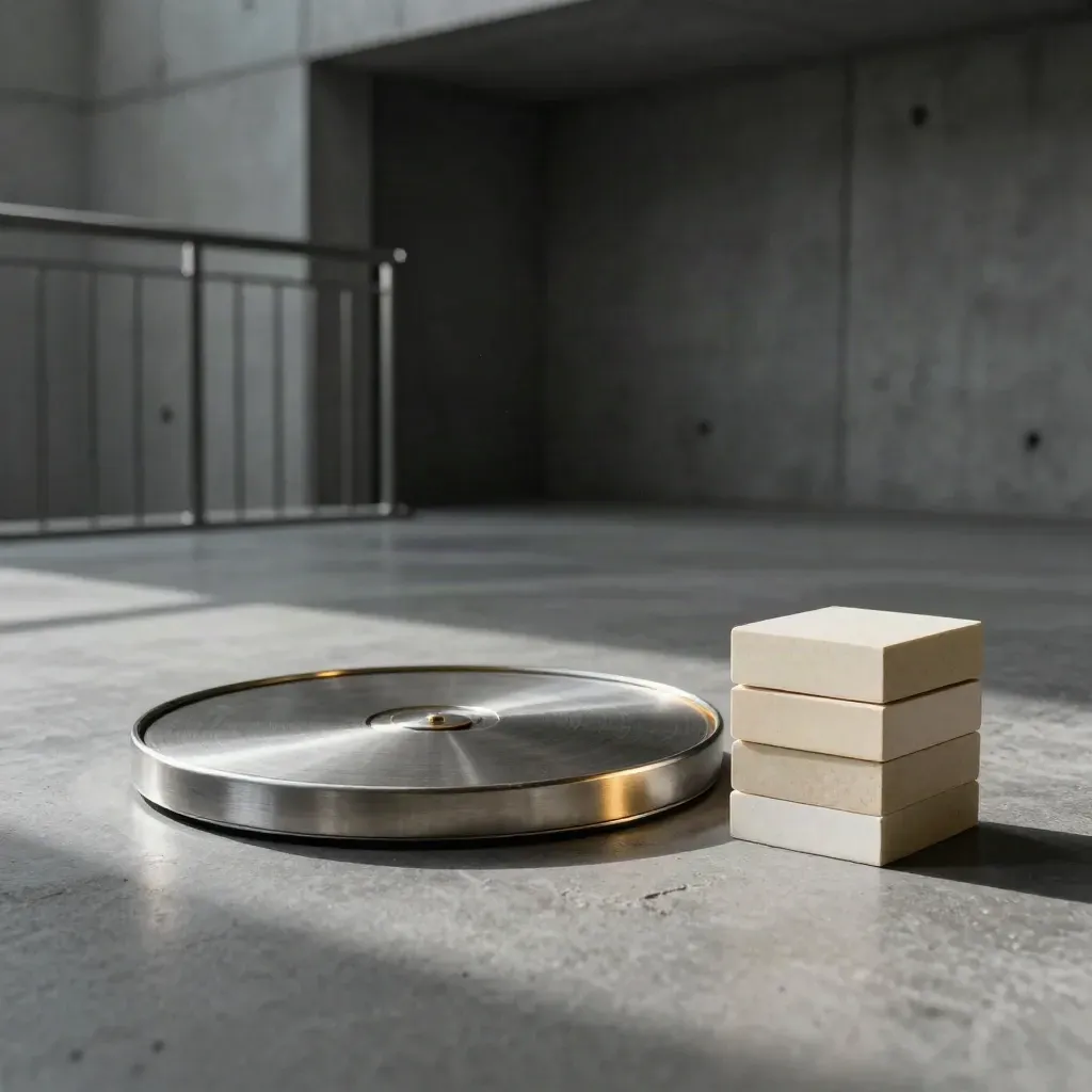 Ronde metalen risicoschaal met portfolio-blokken in een tochtige hal, met goud licht en schaduw.
