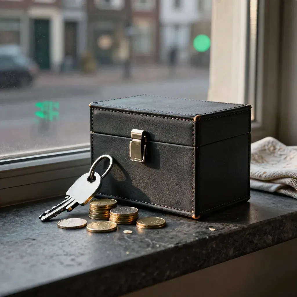 Reservezakje, sleutels en muntstapels op een donkere vensterbank in koel ochtendlicht.