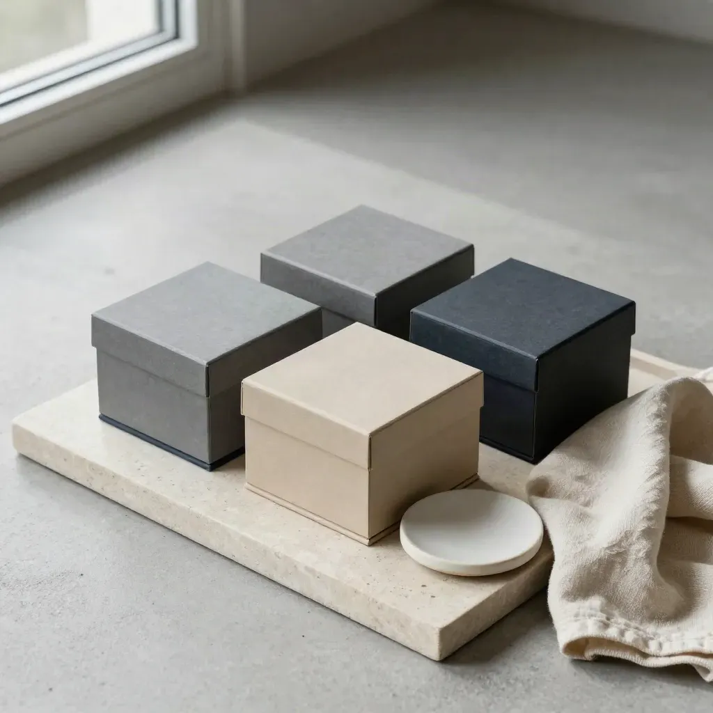 Drie matte indexkaartdozen met keramische schijf en gevouwen doek op een stenen tray.
